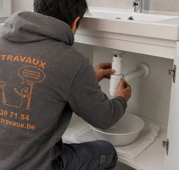 Lavabo avec évacuation intégrée dans une salle de bain réalisée par GC Travaux dans le Hainaut